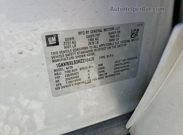 1GKKNXLS3HZ210426 2017 GMC ACADIA Silver VIN sticker view