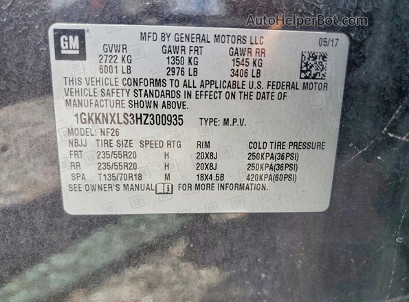 1GKKNXLS3HZ300935 2017 GMC ACADIA Charcoal VIN sticker view
