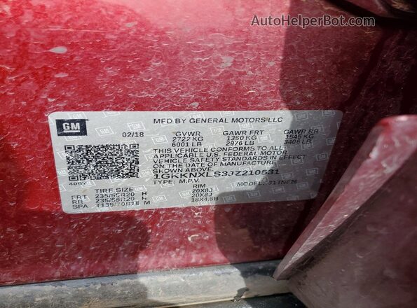1GKKNXLS3JZ210531 2018 GMC ACADIA Maroon Widok naklejki z numerem VIN