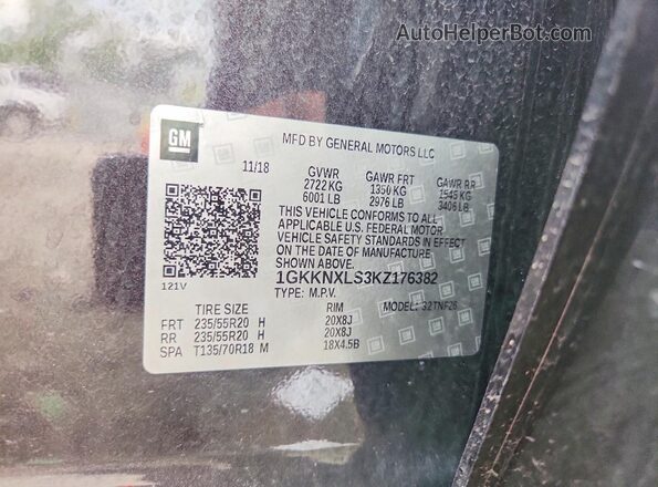 1GKKNXLS3KZ176382 2019 GMC ACADIA Серый Вид наклейки с VIN-кодом