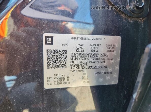 1GKKNXLS3LZ165674 2020 GMC ACADIA Black VIN sticker view