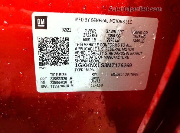 1GKKNXLS3MZ176269 2021 GMC ACADIA Red VIN sticker view