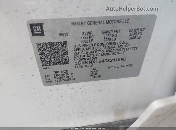 1GKKNXLS4JZ241996 2018 GMC ACADIA Белый Вид подкапотного пространства