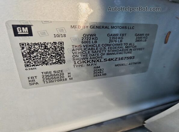 1GKKNXLS4KZ167593 2019 GMC ACADIA Silver Widok naklejki z numerem VIN