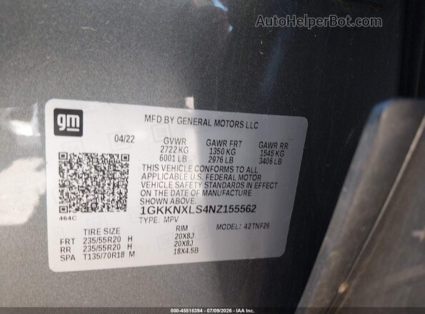 1GKKNXLS4NZ155562 2022 GMC ACADIA Gray Вид підкапотного простору