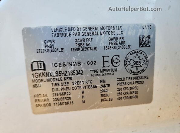 1GKKNXLS5HZ135342 2017 GMC ACADIA Белый Вид наклейки с VIN-кодом