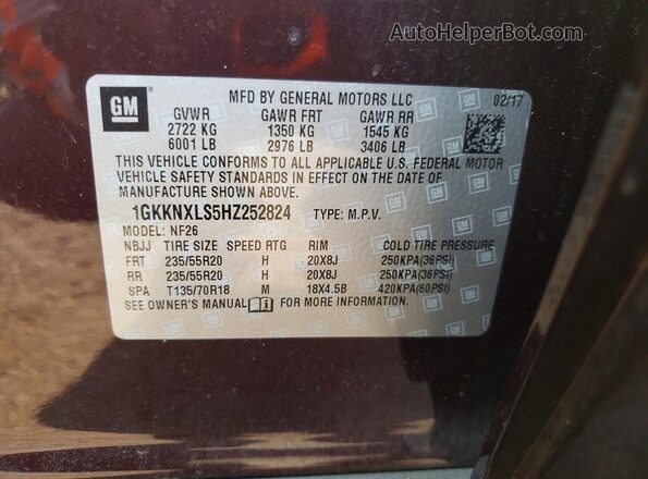 1GKKNXLS5HZ252824 2017 GMC ACADIA Maroon VIN կոդի պիտակի տեսք