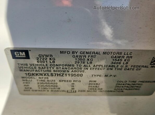 1GKKNXLS7HZ119580 2017 GMC ACADIA White VIN sticker view