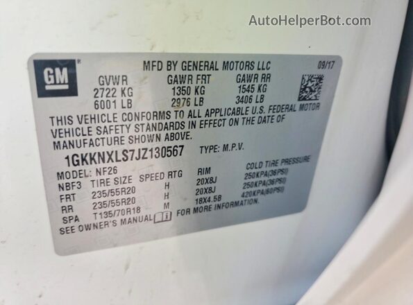 1GKKNXLS7JZ130567 2018 GMC ACADIA White VIN sticker view