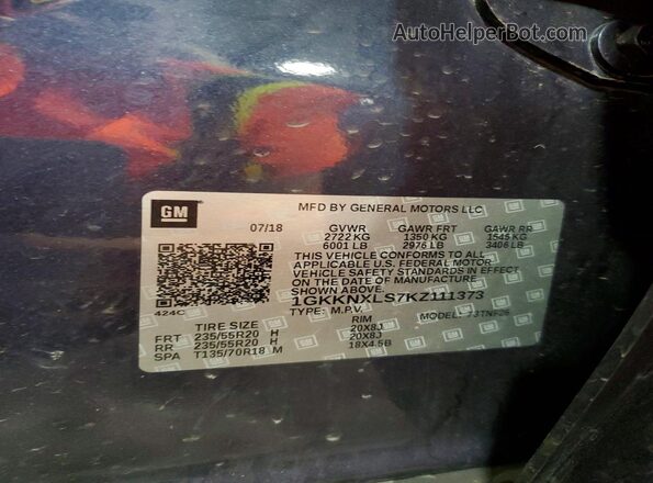 1GKKNXLS7KZ111373 2019 GMC ACADIA Blue Вид наклейки з VIN-кодом