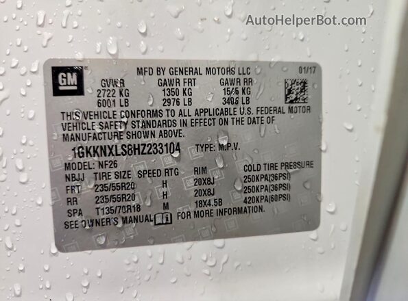 1GKKNXLS8HZ233104 2017 GMC ACADIA White Вид наклейки з VIN-кодом