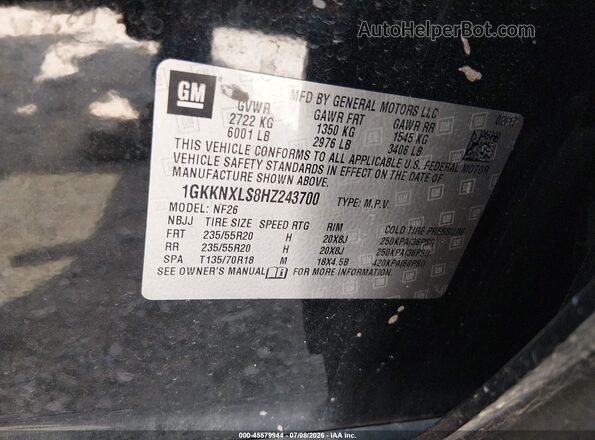 1GKKNXLS8HZ243700 2017 GMC ACADIA Black Вид підкапотного простору