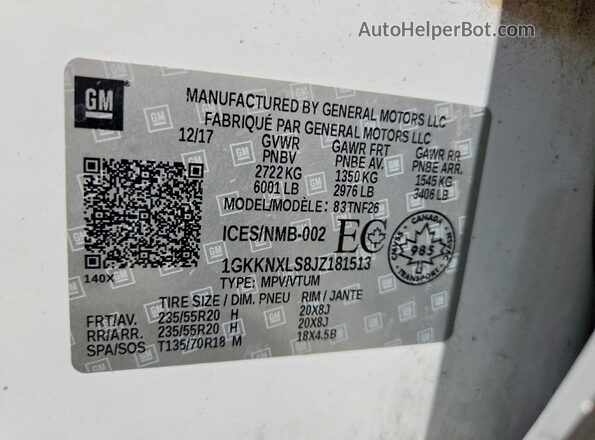 1GKKNXLS8JZ181513 2018 GMC ACADIA White Vista de la etiqueta del VIN
