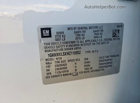 1GKKNXLSXHZ116852 2017 GMC ACADIA Белый Вид наклейки с VIN-кодом