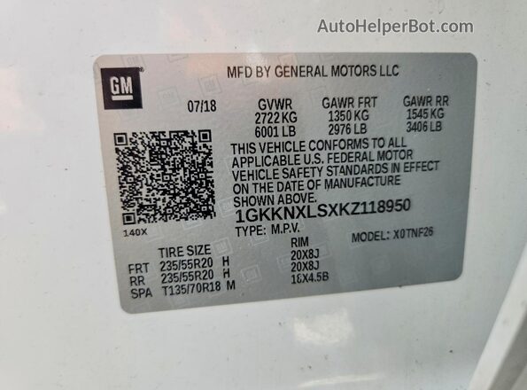 1GKKNXLSXKZ118950 2019 GMC ACADIA White VIN კოდის სტიკერის ხედი