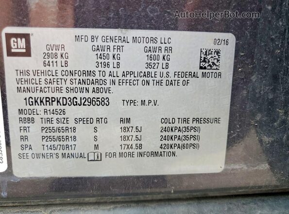 1GKKRPKD3GJ296583 2016 GMC ACADIA Charcoal Vista de la etiqueta del VIN