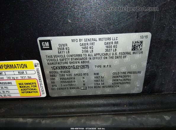 1GKKRRKD1GJ212675 2016 GMC ACADIA Gray Engine compartment view