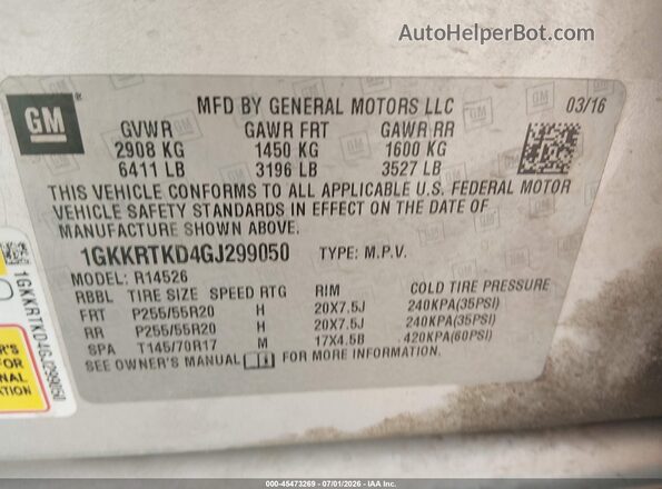 1GKKRTKD4GJ299050 2016 GMC ACADIA Gray Vista del compartimento del motor