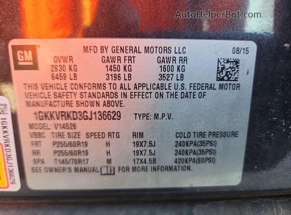 1GKKVRKD3GJ136629 2016 GMC ACADIA Charcoal VIN sticker view