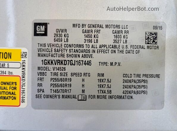 1GKKVRKD7GJ167446 2016 GMC ACADIA Silver Vista de la etiqueta del VIN