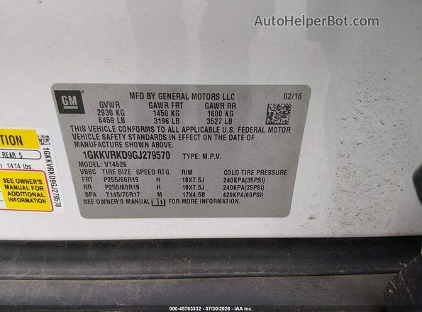1GKKVRKD9GJ279570 2016 GMC ACADIA Белый Вид подкапотного пространства