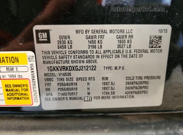1GKKVRKDXGJ212122 2016 GMC ACADIA Black VIN sticker view