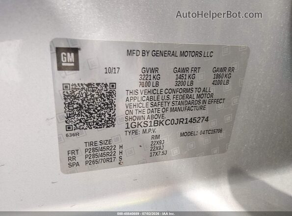 1GKS1BKC0JR145274 2018 GMC YUKON Silver Engine compartment view
