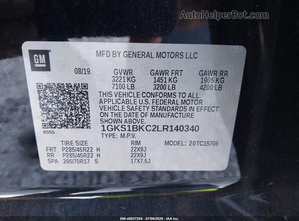 1GKS1BKC2LR140340 2020 GMC YUKON Black Շարժիչի բաժամունքի տեսք