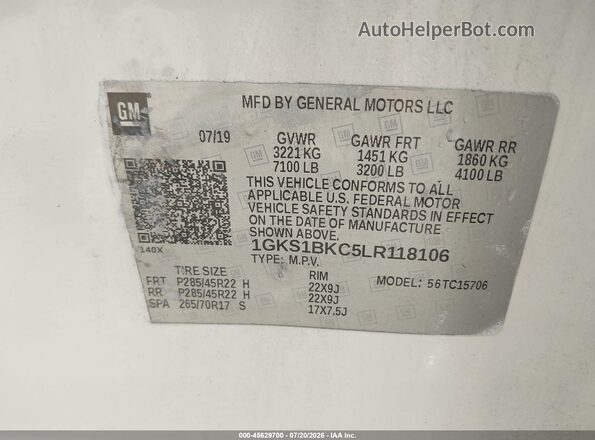 1GKS1BKC5LR118106 2020 GMC YUKON White Widok komory silnika