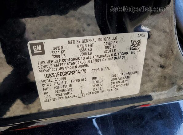 1GKS1FEC3GR304770 2016 GMC YUKON Black Widok naklejki z numerem VIN