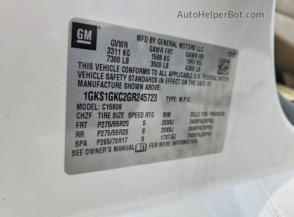 1GKS1GKC2GR245723 2016 GMC YUKON Белый Вид наклейки с VIN-кодом