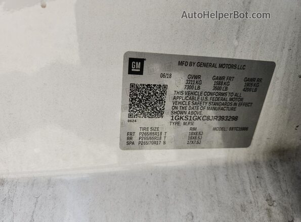 1GKS1GKC8JR393298 2018 GMC YUKON White VIN sticker view