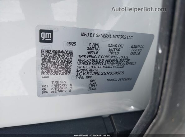1GKS1JRL2SR354565 2025 GMC YUKON White Vista del compartimento del motor