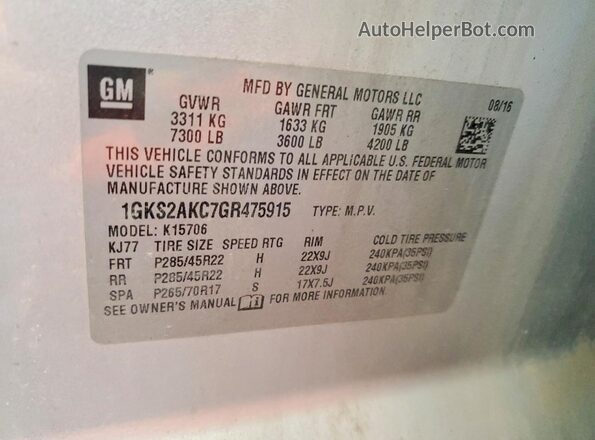 1GKS2AKC7GR475915 2016 GMC YUKON Silver VIN կոդի պիտակի տեսք