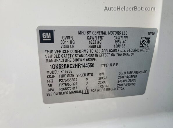 1GKS2BKC2HR144666 2017 GMC YUKON White Вид наклейки з VIN-кодом