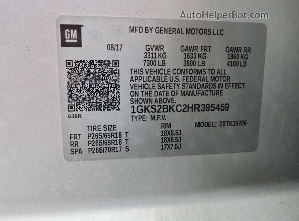 1GKS2BKC2HR395459 2017 GMC YUKON Silver VIN sticker view