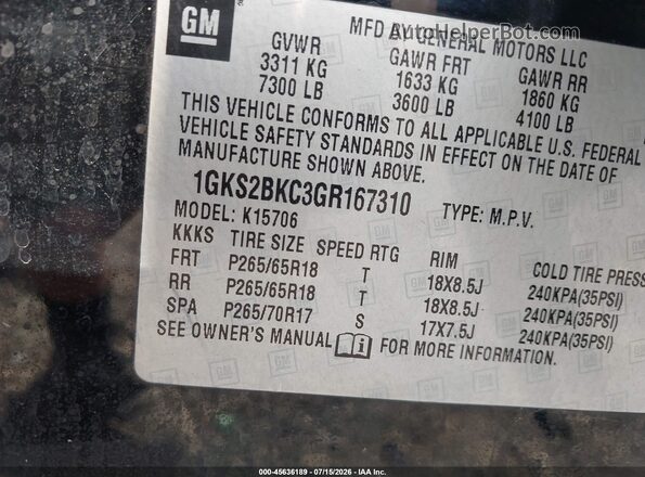 1GKS2BKC3GR167310 2016 GMC YUKON Черный Вид подкапотного пространства