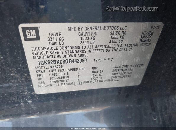 1GKS2BKC3GR442089 2016 GMC YUKON Black Widok komory silnika