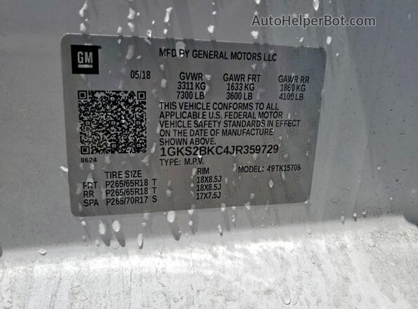 1GKS2BKC4JR359729 2018 GMC YUKON White 360 interior view