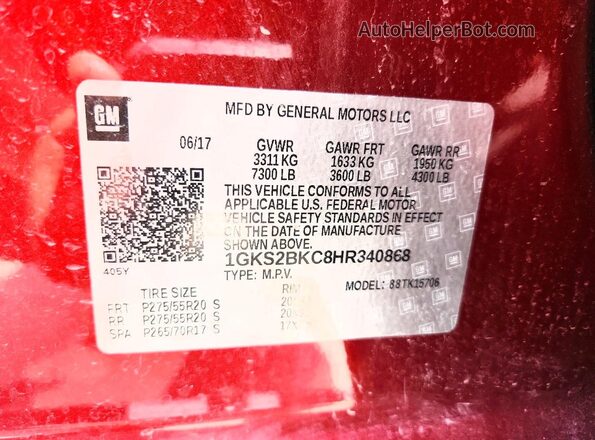 1GKS2BKC8HR340868 2017 GMC YUKON Red Widok naklejki z numerem VIN