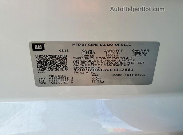 1GKS2BKCXJR312561 2018 GMC YUKON White Սալոնի 360 աստիճան տեսք