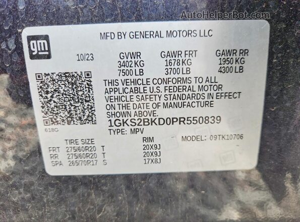 1GKS2BKD0PR550839 2023 GMC YUKON Black VIN կոդի պիտակի տեսք