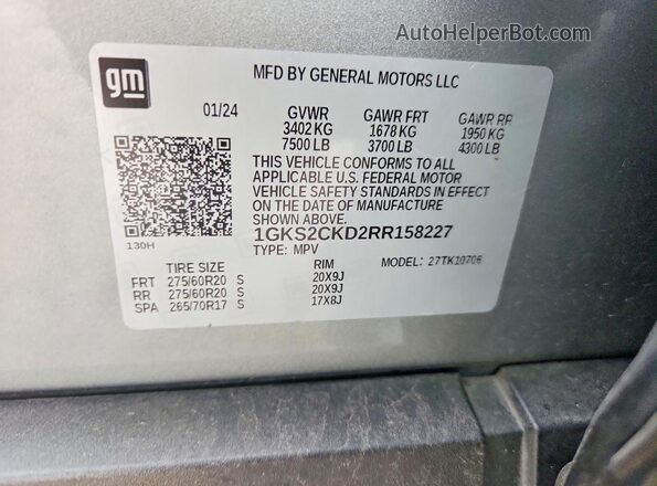 1GKS2CKD2RR158227 2024 GMC YUKON Gray Vista de la etiqueta del VIN