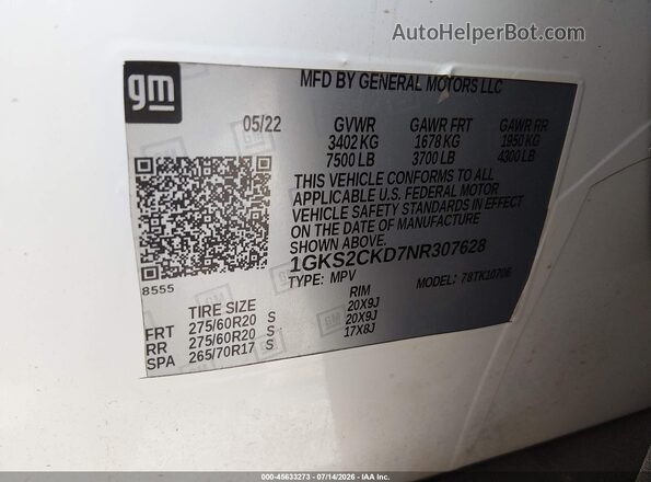 1GKS2CKD7NR307628 2022 GMC YUKON Белый Вид подкапотного пространства