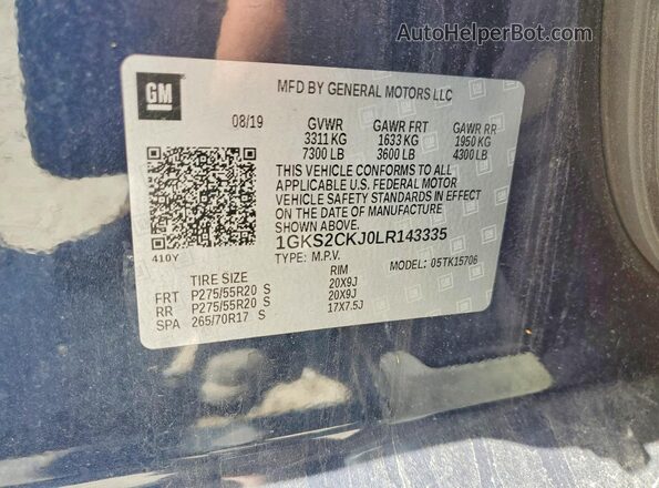 1GKS2CKJ0LR143335 2020 GMC YUKON Blue VIN კოდის სტიკერის ხედი