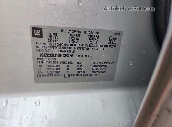 1GKS2CKJ1GR438286 2016 GMC YUKON Серебряный Вид наклейки с VIN-кодом