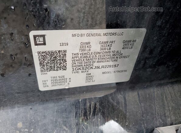 1GKS2CKJ5LR229157 2020 GMC YUKON Black VIN კოდის სტიკერის ხედი