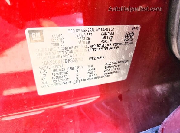 1GKS2CKJ7GR339763 2016 GMC YUKON Red VIN կոդի պիտակի տեսք