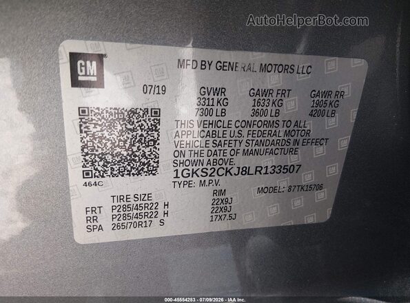 1GKS2CKJ8LR133507 2020 GMC YUKON Gray Widok komory silnika