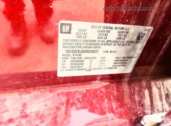 1GKS2CKJ9HR240637 2017 GMC YUKON Maroon Widok naklejki z numerem VIN